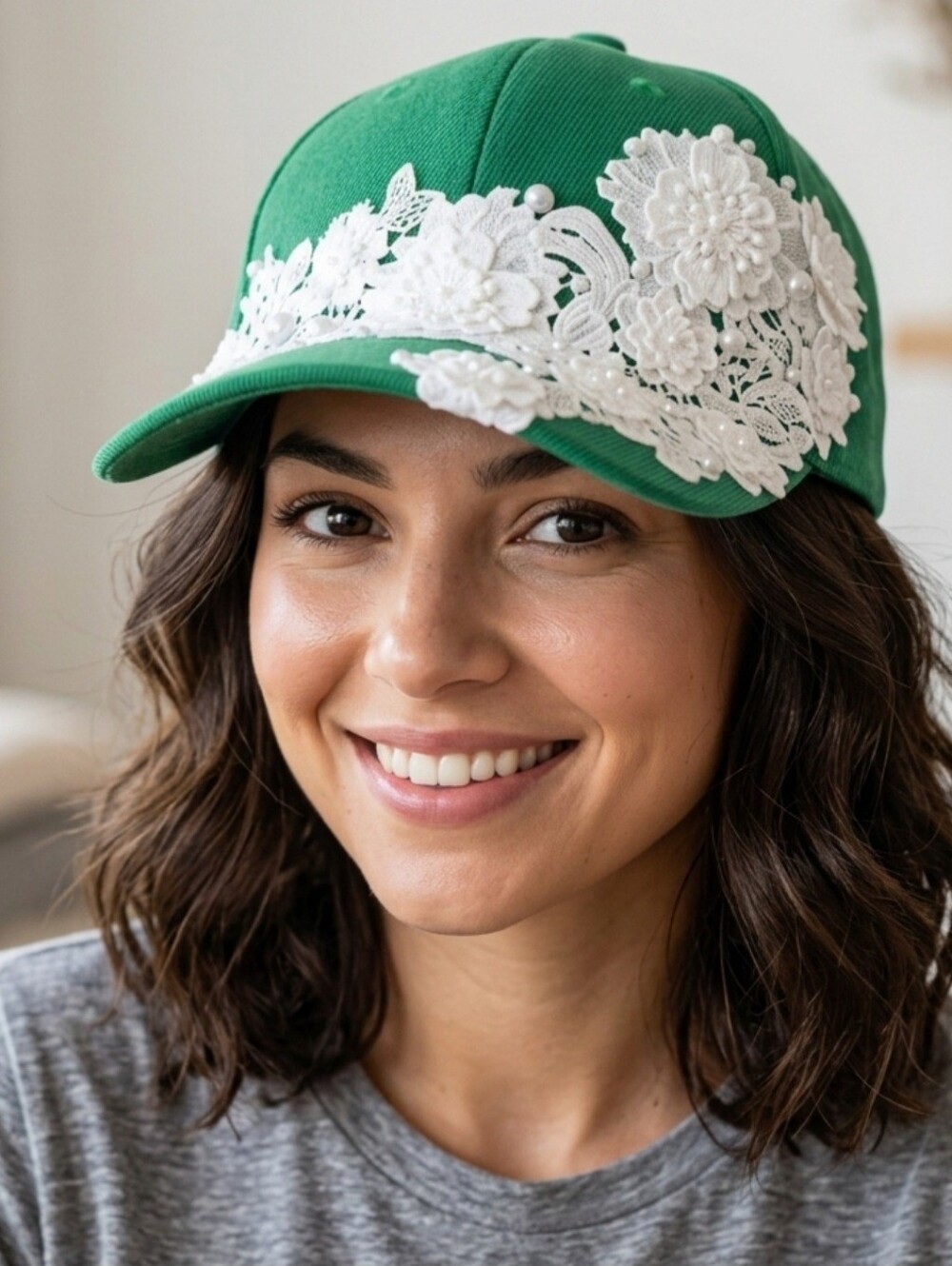 Hand Crafted Green Lace-Appliqué Women's Baseball Cap with Pearls!